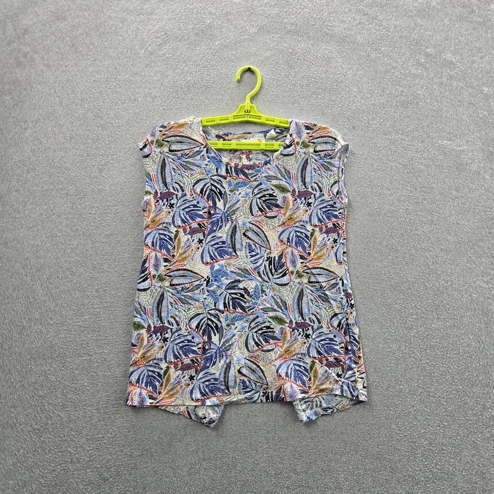 C&C California Women Blouse M Multicolor Linen Floral Coastal Scoop Neck Artsy
